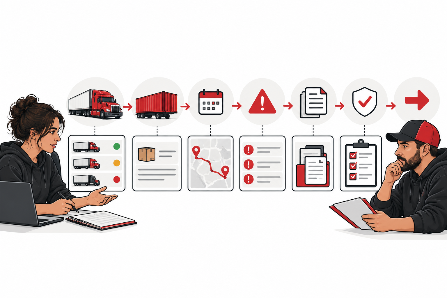 Shift handoff record containing truck status, current load, appointments, open issues, documents, approvals and next action