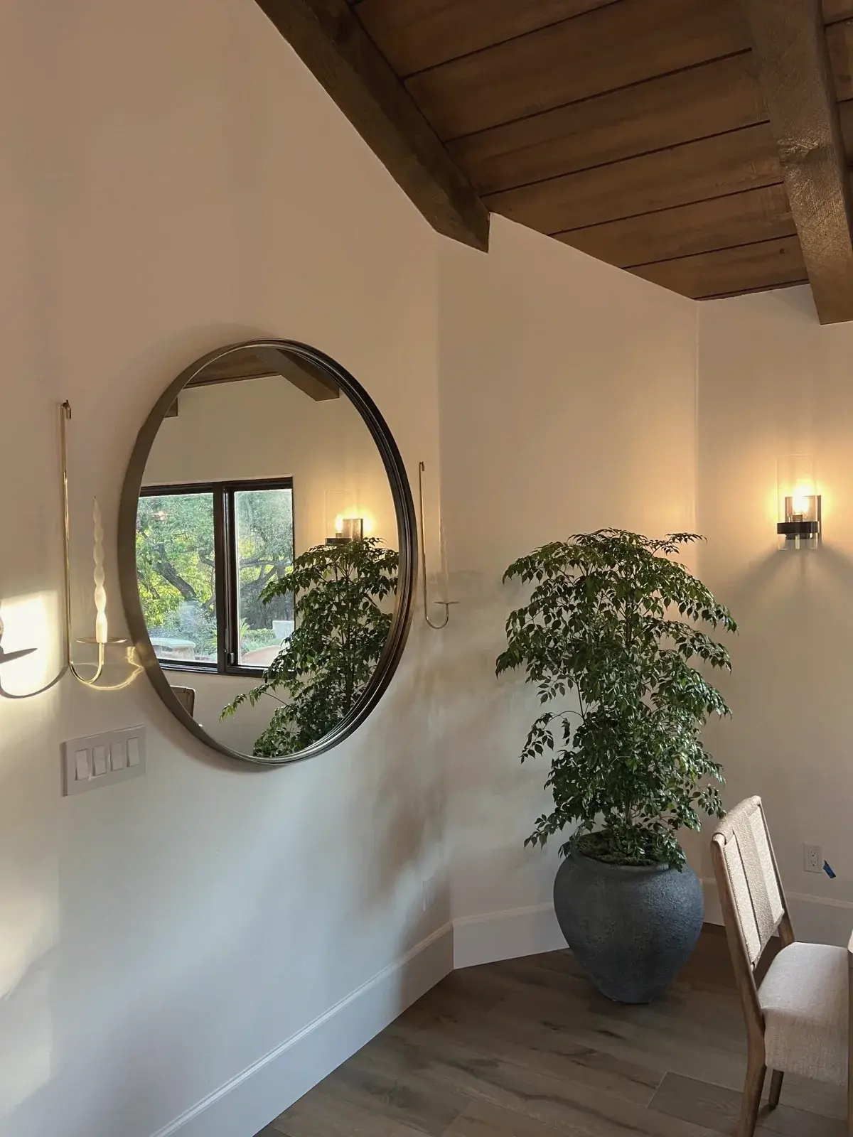 An umbrella tree in a dark planter beside a round mirror in an entry