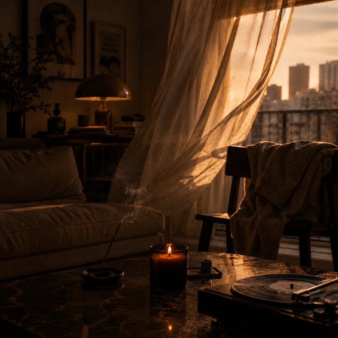 Warm interior at golden hour, candle and record player