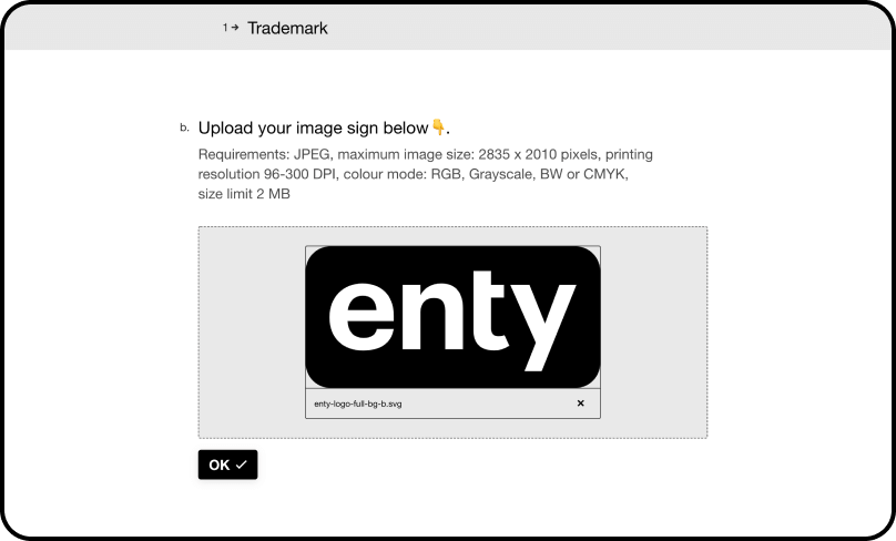 a screenshot of a trademark application on Enty