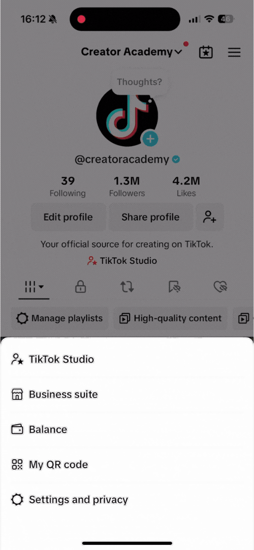 Бизнес-инструменты в меню профиля TikTok