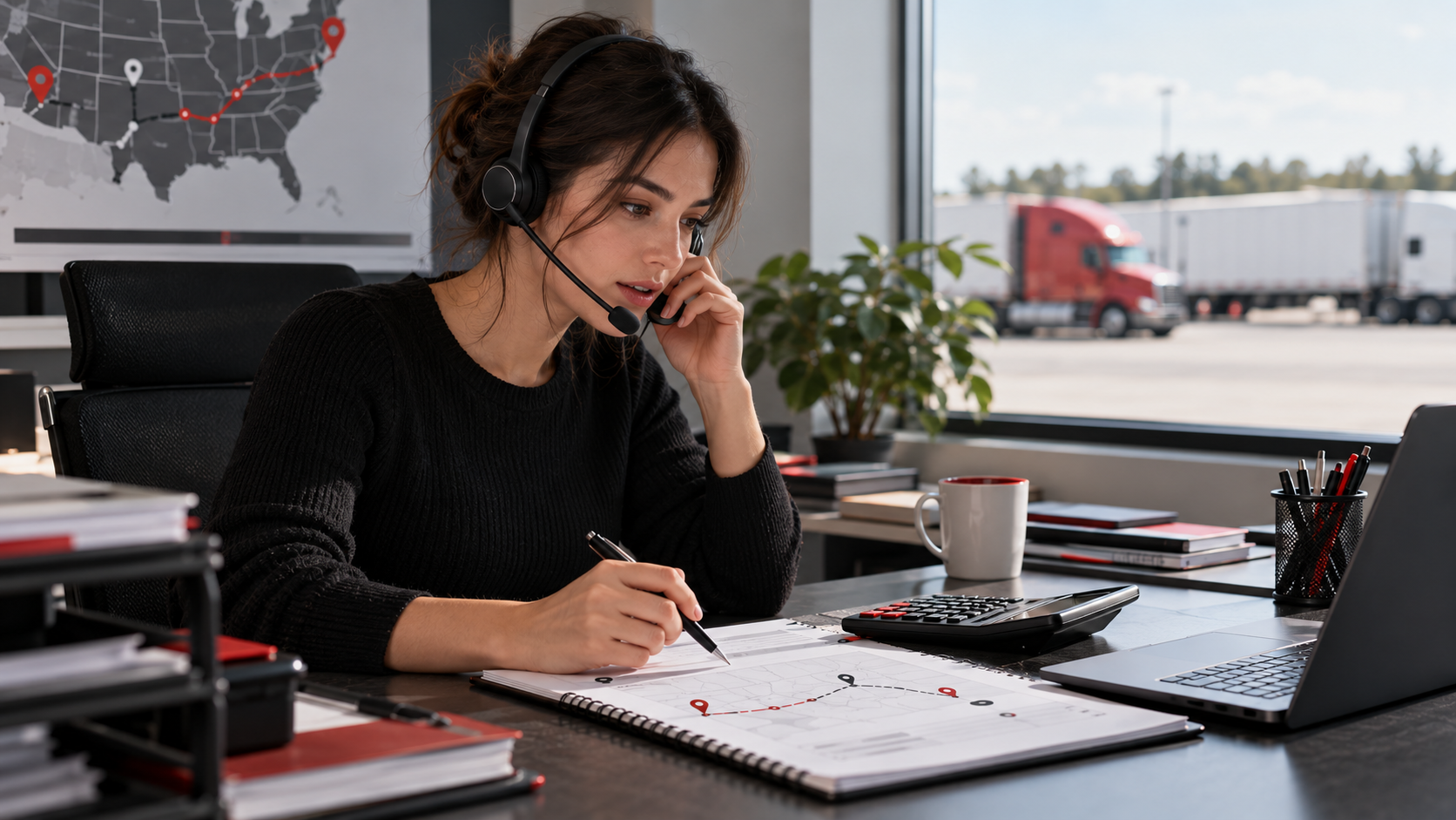 Dispatcher preparing trip details while speaking with a freight broker.
