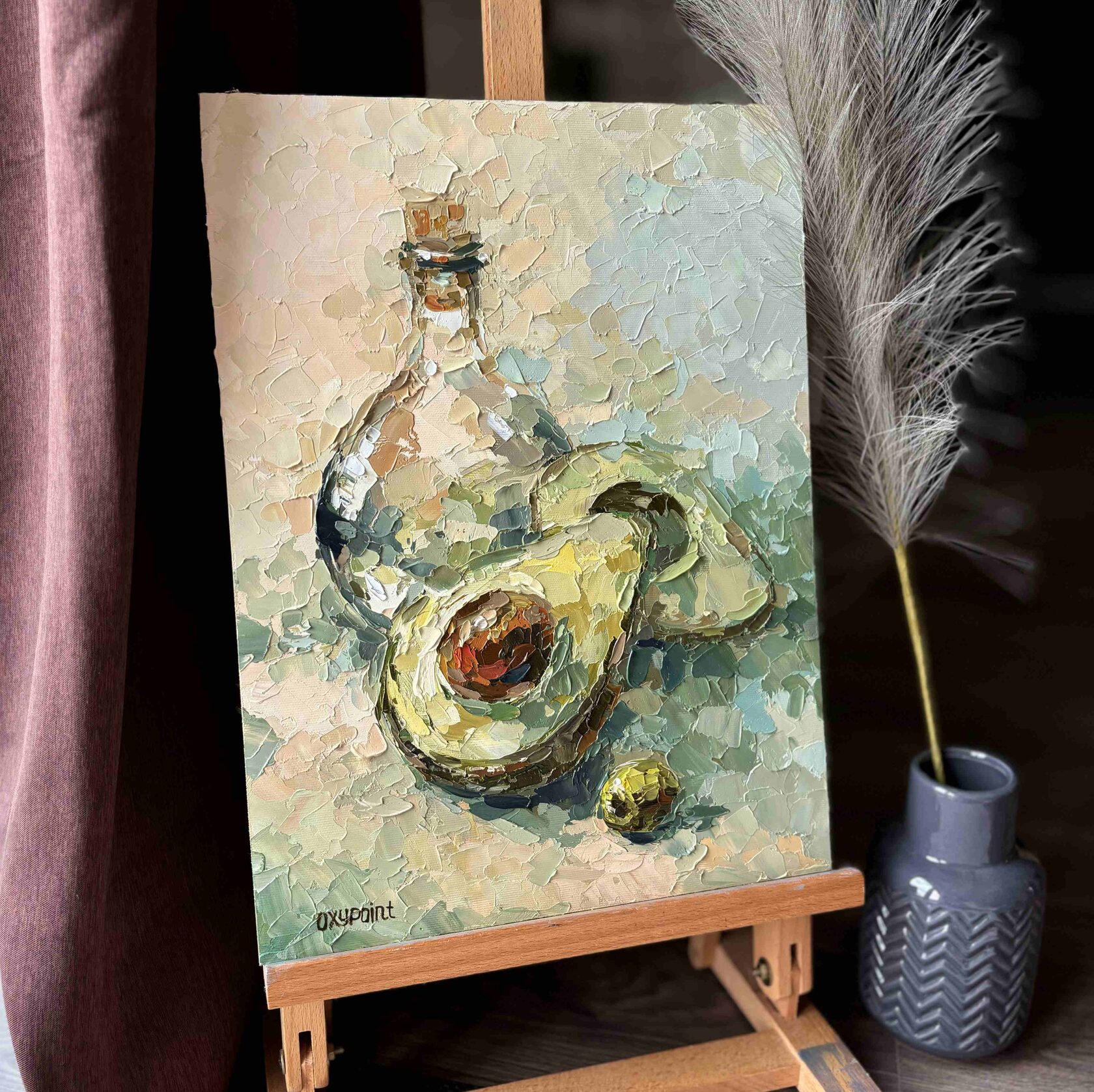 avocado oil painting, still life with avocado, abstract art, painting with a knife, artist OXYPOINT Oxana Kravtsova