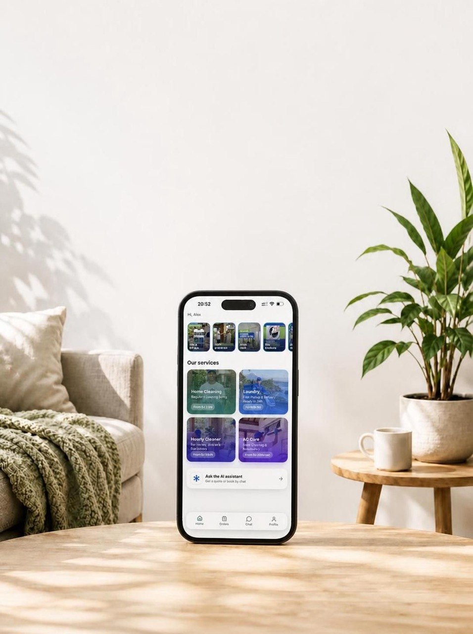 HomeBot app on a phone — home services at your fingertips