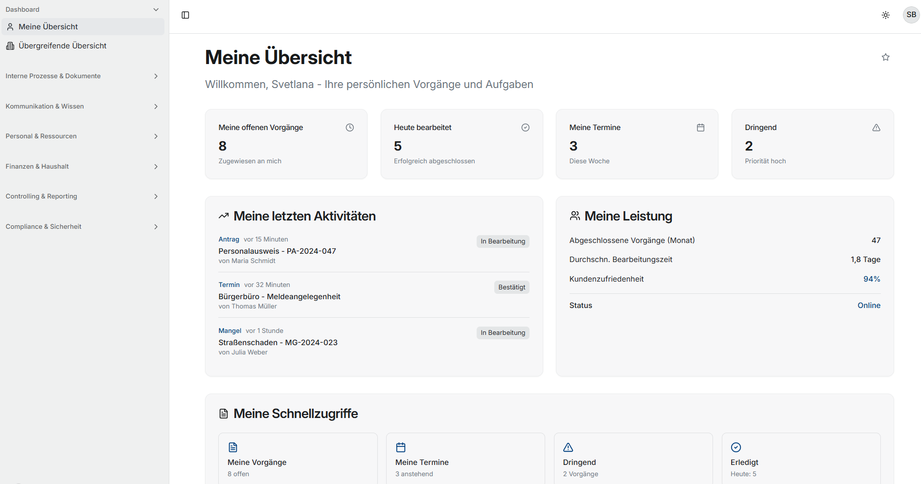 Persönliches Mitarbeiter-Dashboard im Kommunalportal mit offenen Vorgängen, Terminen, Leistung und Schnellzugriffen