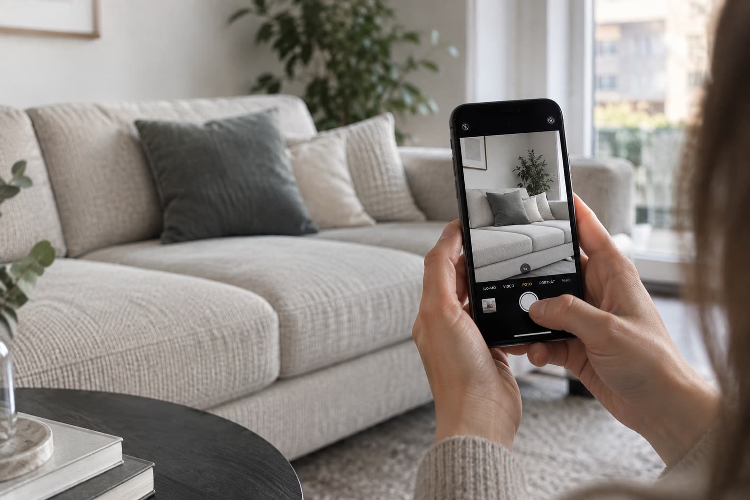 Helles Sofa wird mit einem Smartphone f&uuml;r neue Wohnungs- oder Inseratsfotos fotografiert &ndash; ein frisch gereinigtes Polsterm&ouml;bel von Shikardos sorgt f&uuml;r einen gepflegten Eindruck.