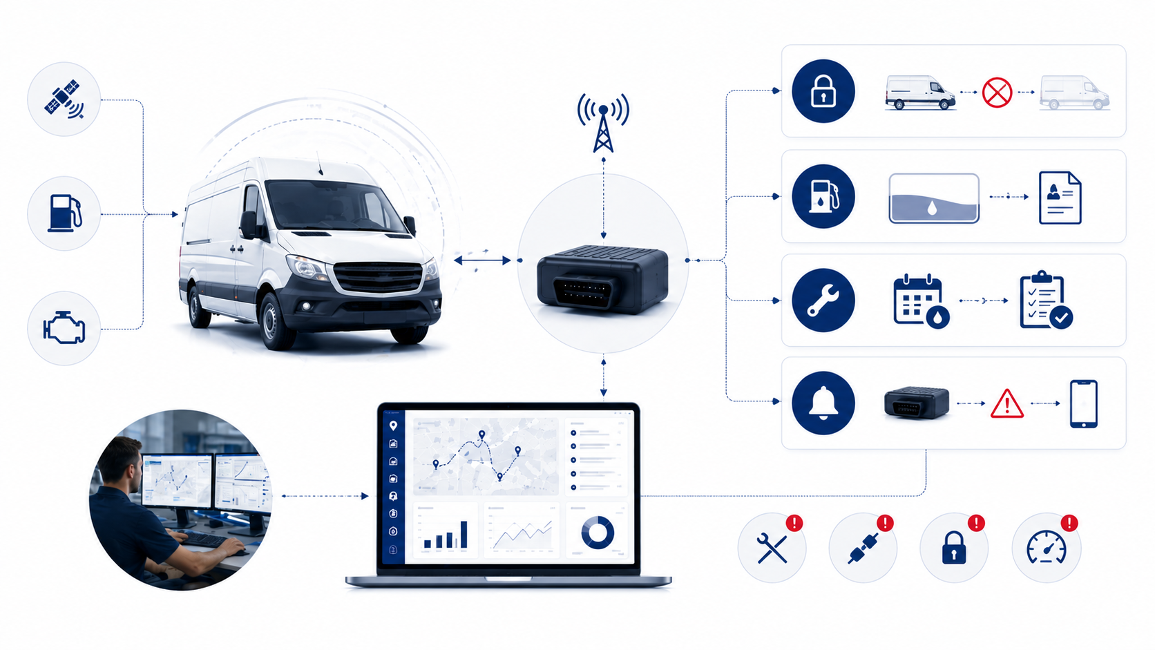 Digitales Flottenmanagement für Kleintransporter mit Motorblockierung, Smart Alerts und transparenter Wartungssteuerung