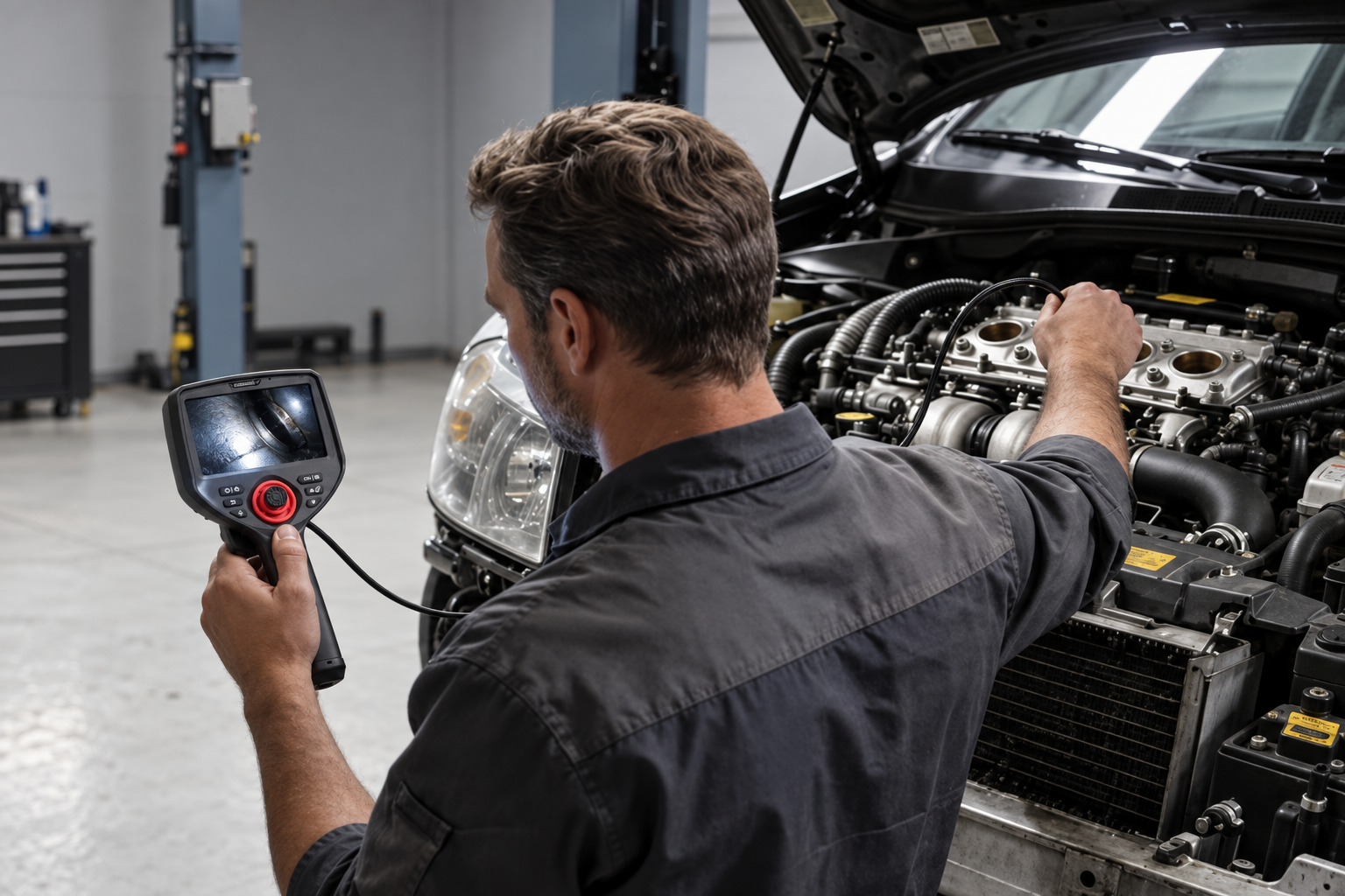 Technician using a flexible video borescope to inspect a turbine with the monitor correctly facing the operator