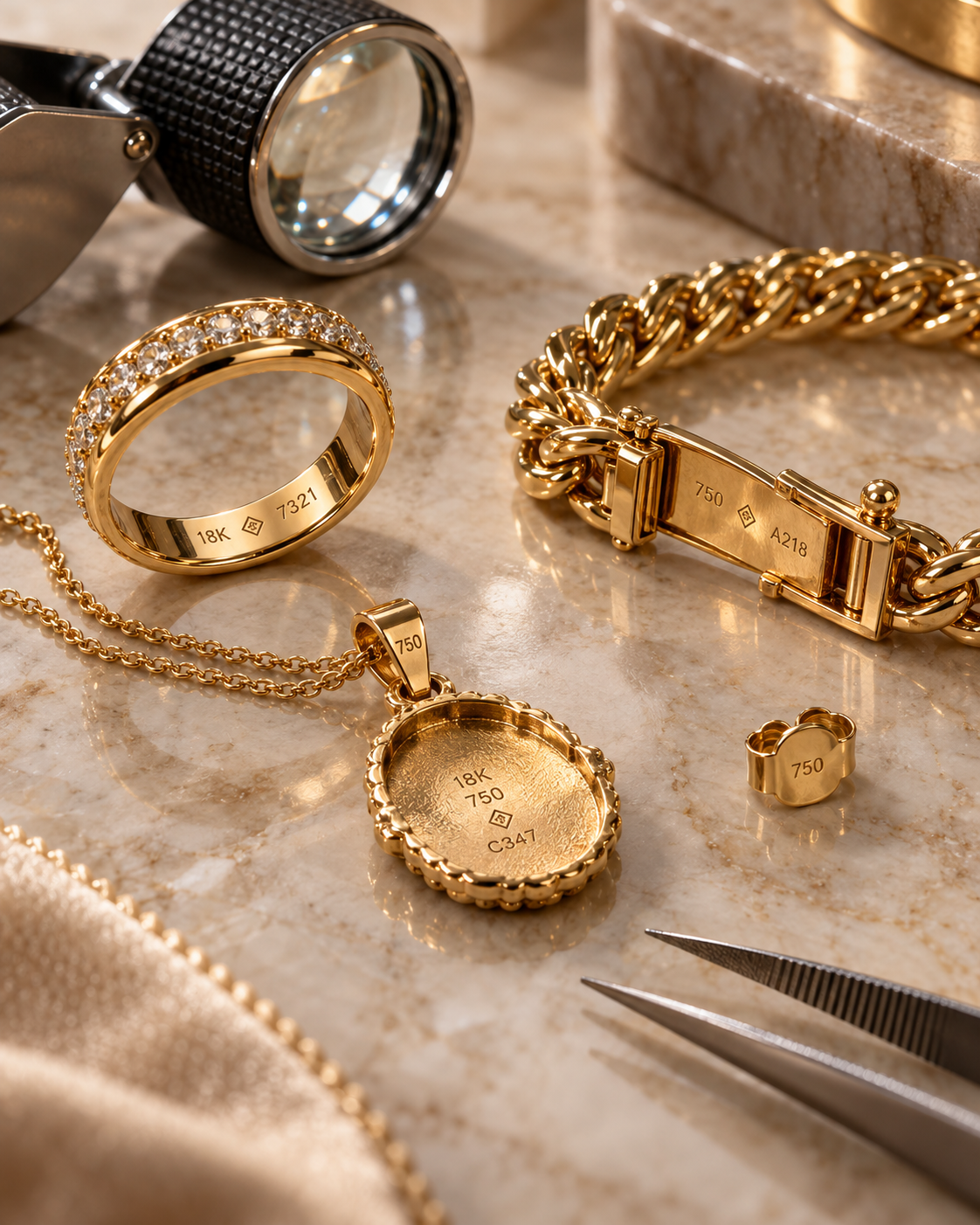 Designer jewelry hallmarks, purity marks, serial numbers and reference markings examined with a loupe during professional authentication and resale evaluation