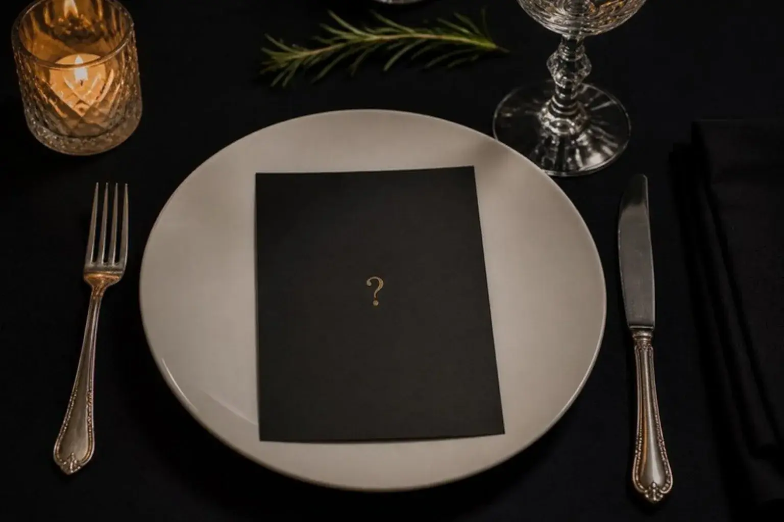 Illustration: a black box menu card on a plate at a mystery dinner by private chef Marina Staver, Miami