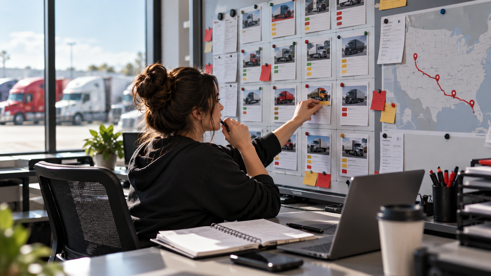 A dispatcher managing several truck status cards on a clean operations board rather than many chaotic screens