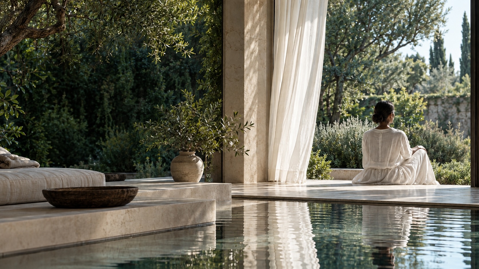 A peaceful garden retreat with a reflecting pool and a woman sitting quietly in white linen.