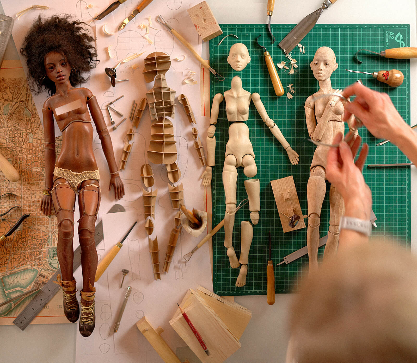 Anna Haritonova, doll artist, on a Barcelona rooftop with her ball-jointed dolls