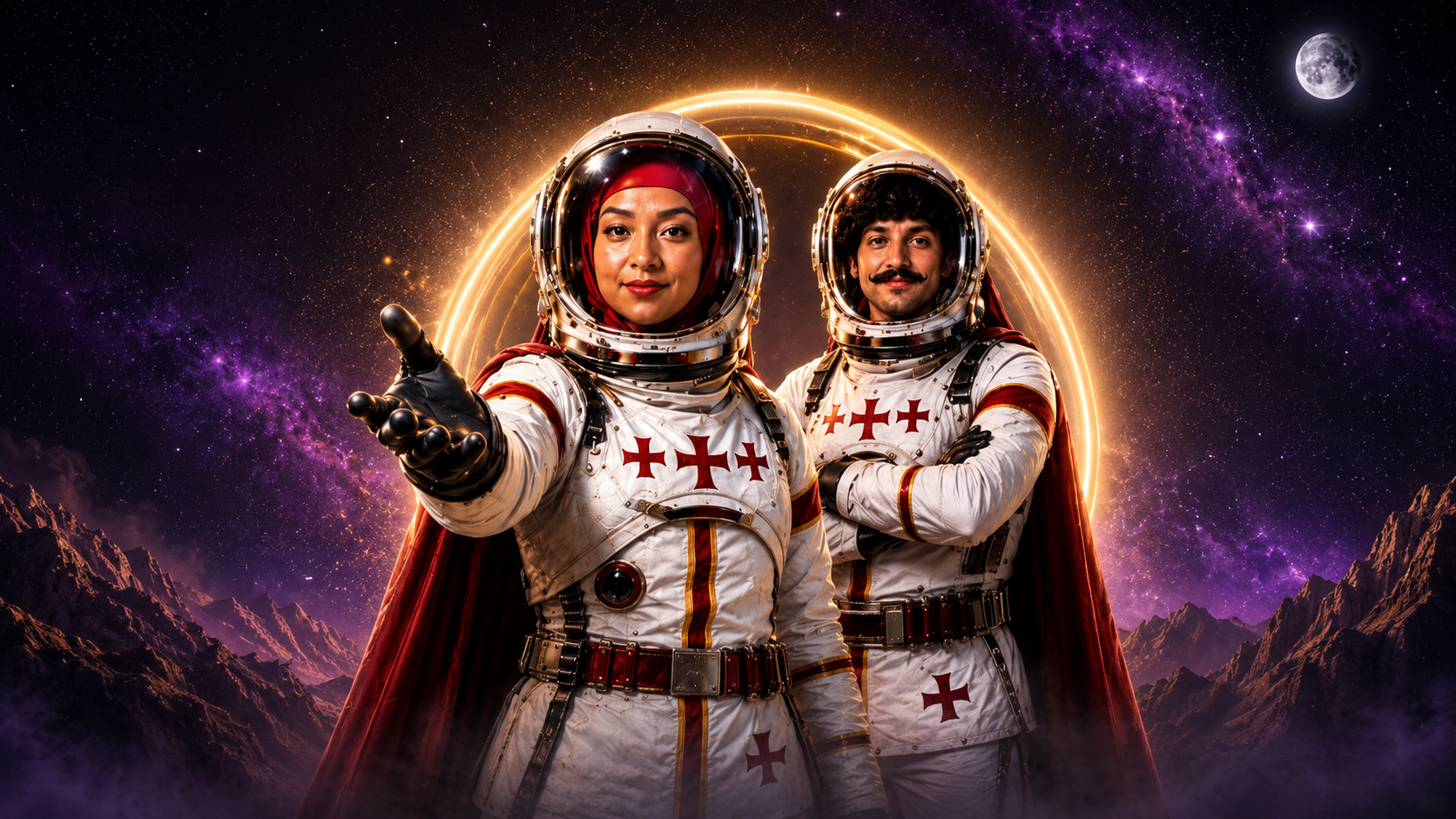 Cosmonauts in front of a golden portal — SHAMANI biohacking