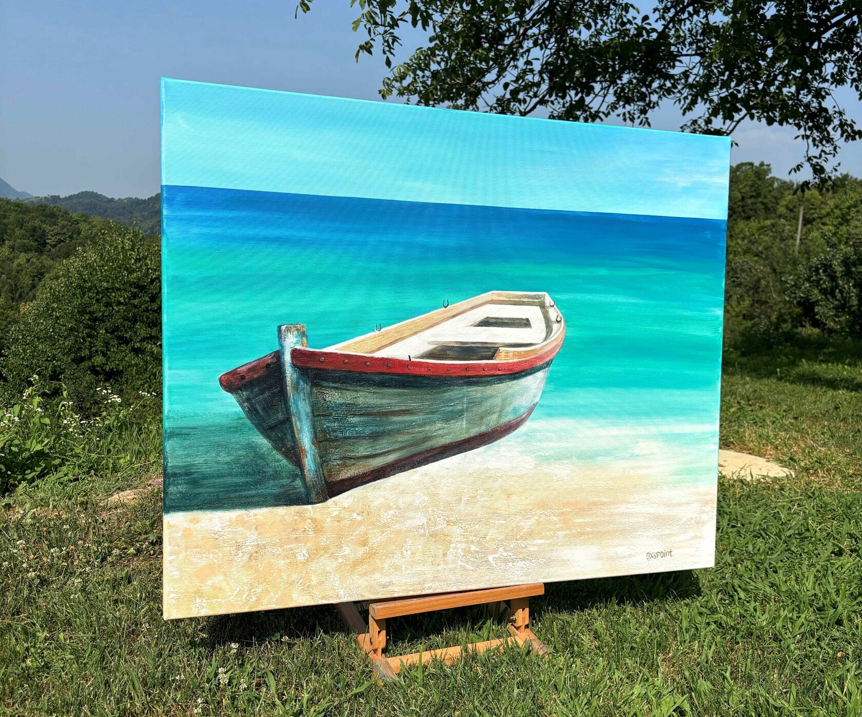 Acrylic painting boat, mixed media, turquoise sea, waves, seascape, large wall art for sale, buy art from artist, buy original paintings, painting for sale Oxana Kravtsova Oxypoint