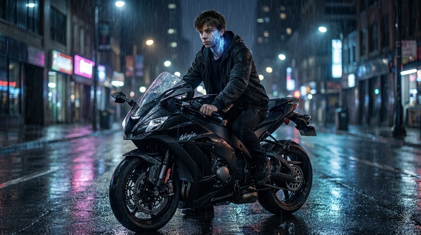 Hybrid Born — hybrid son on a motorcycle in the rain, neon city behind him.