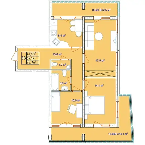 Планування 3-кімнатної квартири в ЖК Aqua Marine — варіант 2