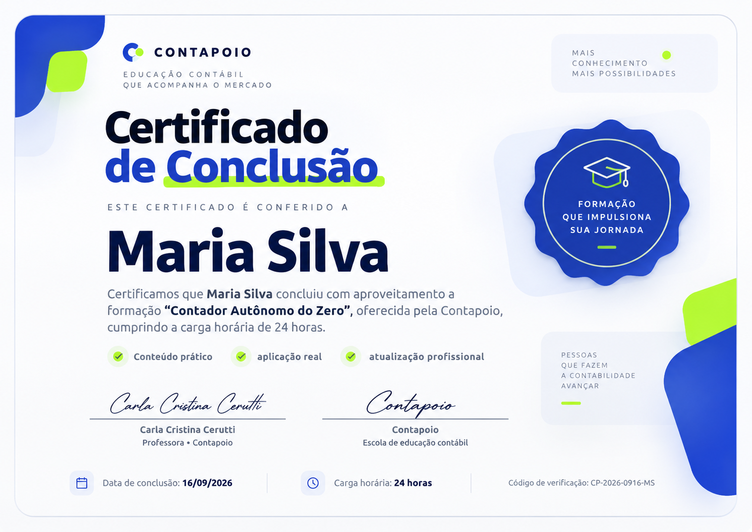 Certificado de conclusão da Contapoio
