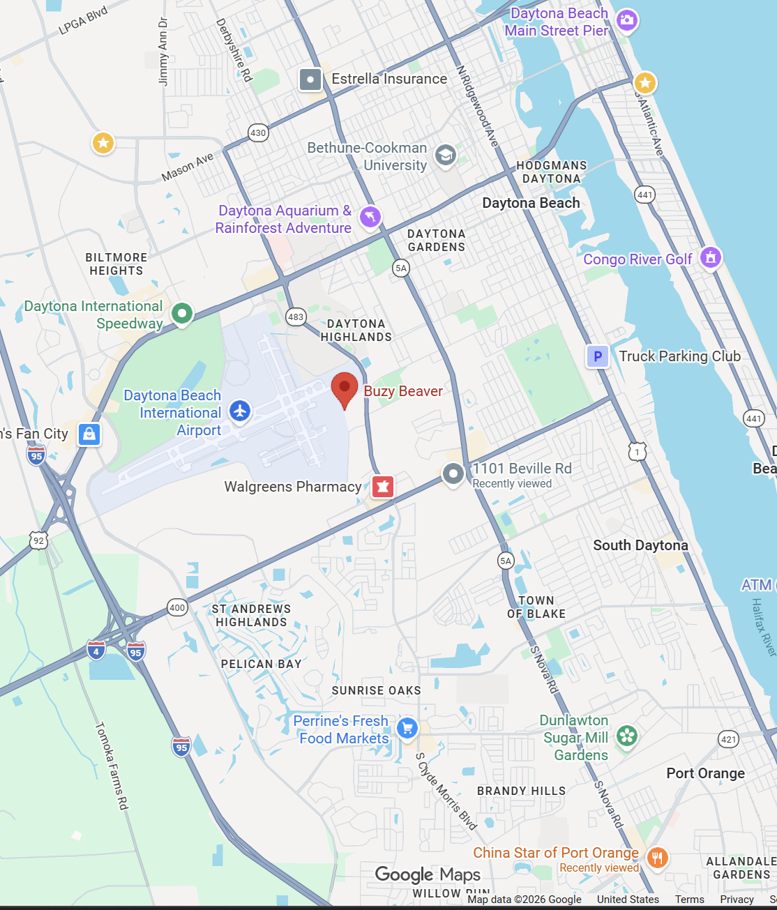 Map showing the Buzy Beaver locksmith office at 1575 Aviation Center Pkwy, Daytona Beach, FL