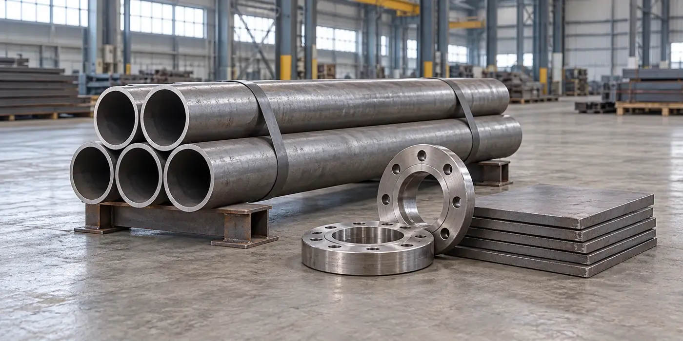 Industrial steel tubes, flanges and plates illustrating metal products sourcing