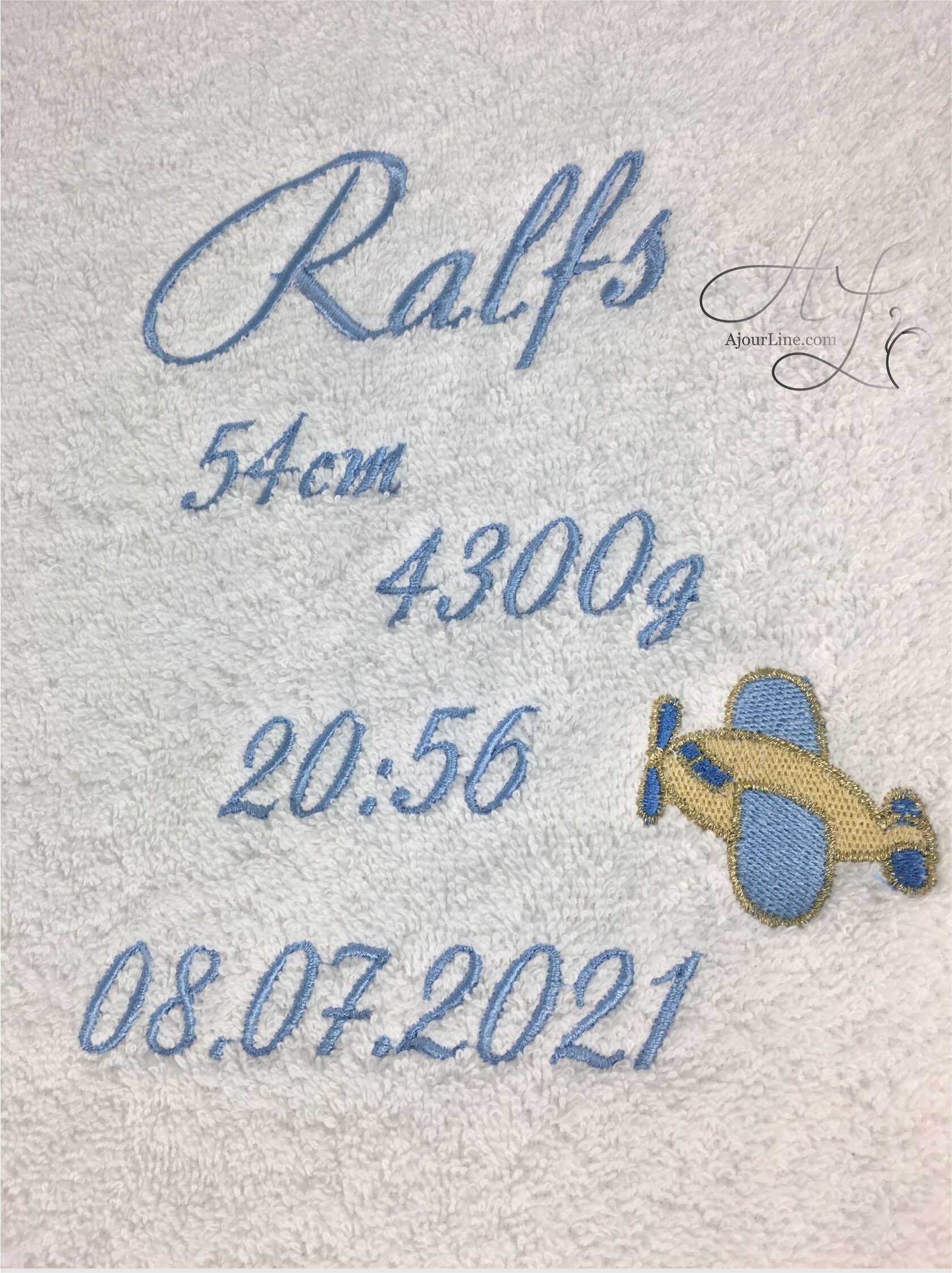 personalized newborn towel with birth stats embroidery a thoughtful and unique gift for babies and new parents. Handmade in Riga, Latvia. Worldwide shipping available.