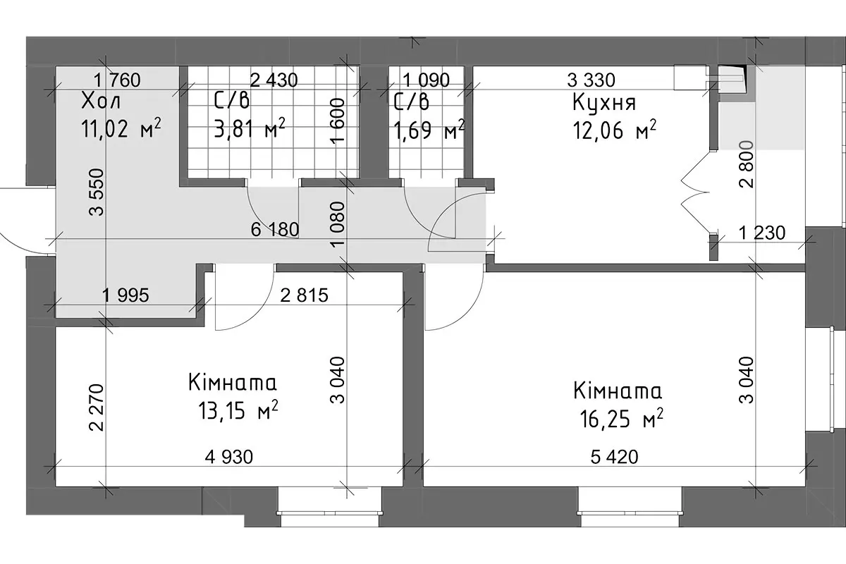 Планування 2-кімнатної квартири в ЖК Чайка Люкс — варіант 7