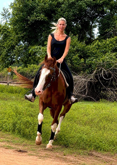 Guest riding a chestnut horse during a private Vonfidel Ranch riding holiday in Sri Lanka