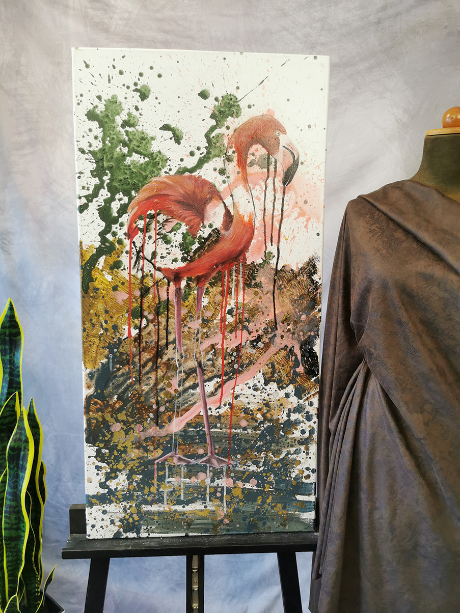 Flamingo Gemälde modern großformatig – Die Balance der Tierkunst