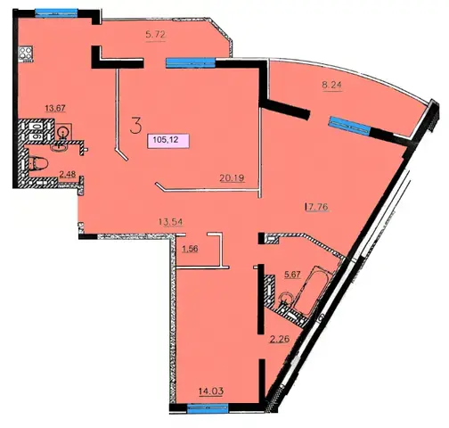 Планировка 3-комнатной квартиры в ЖК Одесский — вариант 2