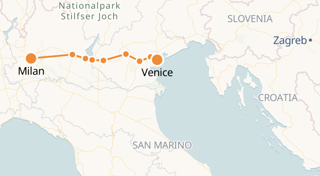Milan to Venice Train Time Map - 2024 06 06 150334