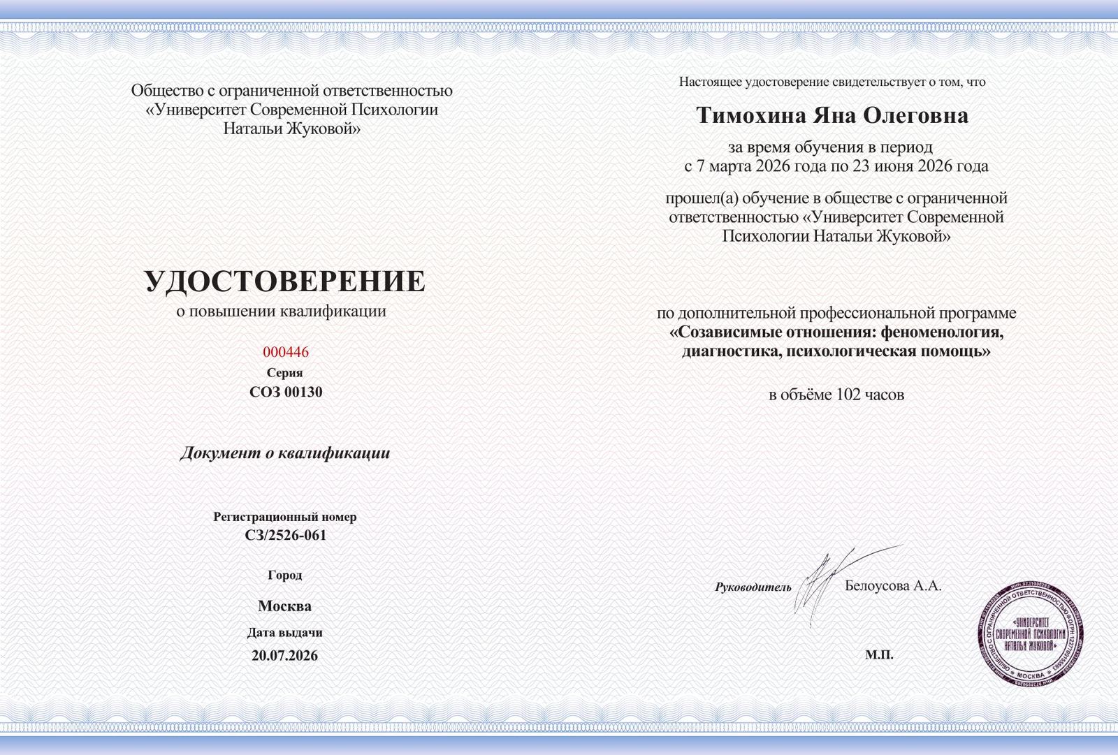 Удостоверение о повышении квалификации, созависимые отношения