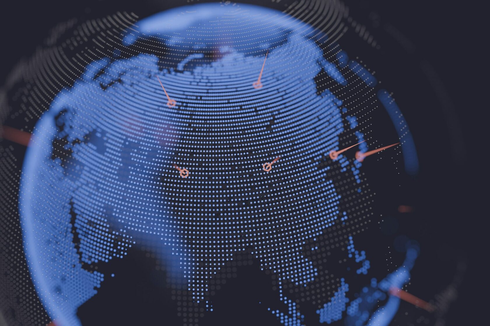 Cinematic world map with glowing dotted connection lines in cold blue lighting, global network spanning America, Europe and Australia