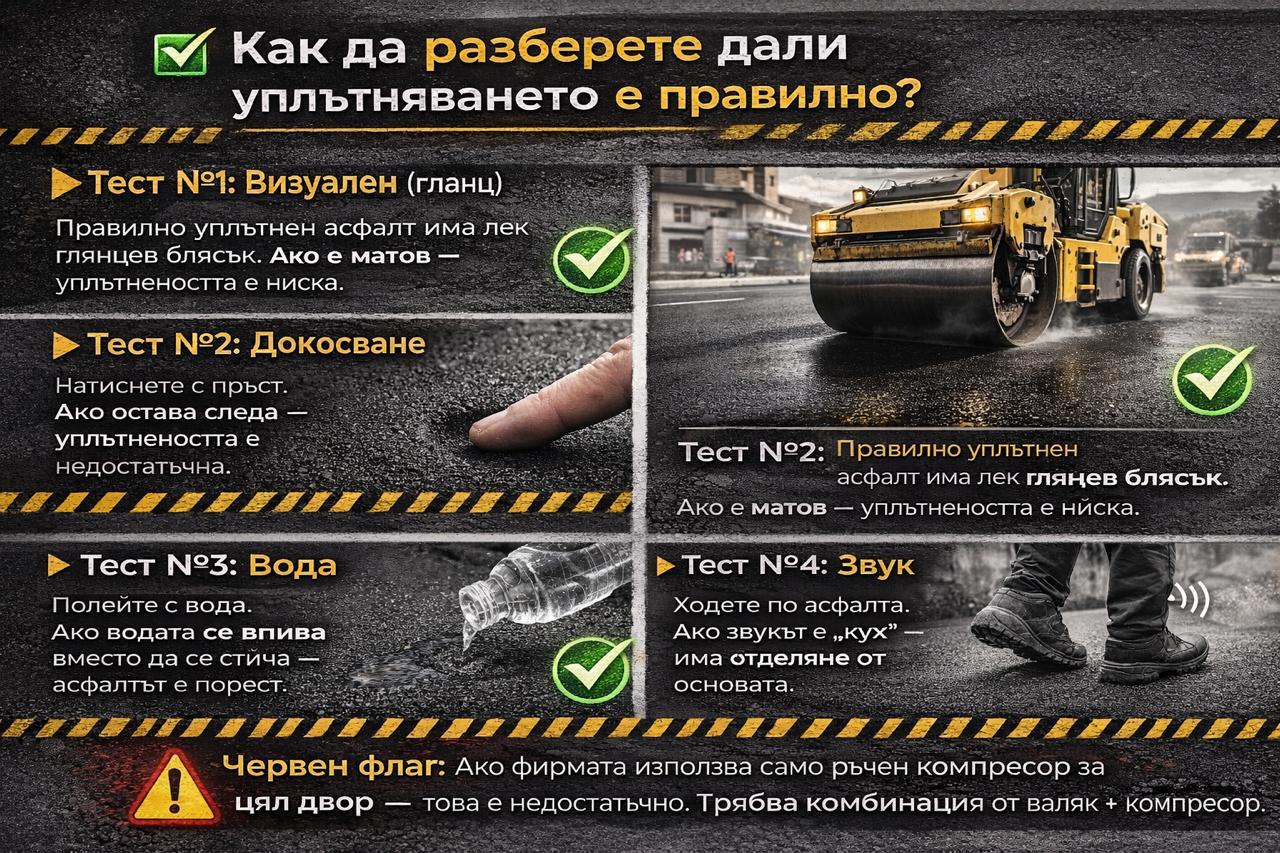 Инфографика с тестове за проверка на уплътняването на асфалт – гланц, докосване, вода и звук при асфалтиране.