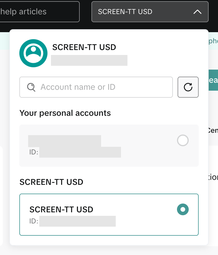 Переключатель рекламных кабинетов в шапке TikTok Ads Manager