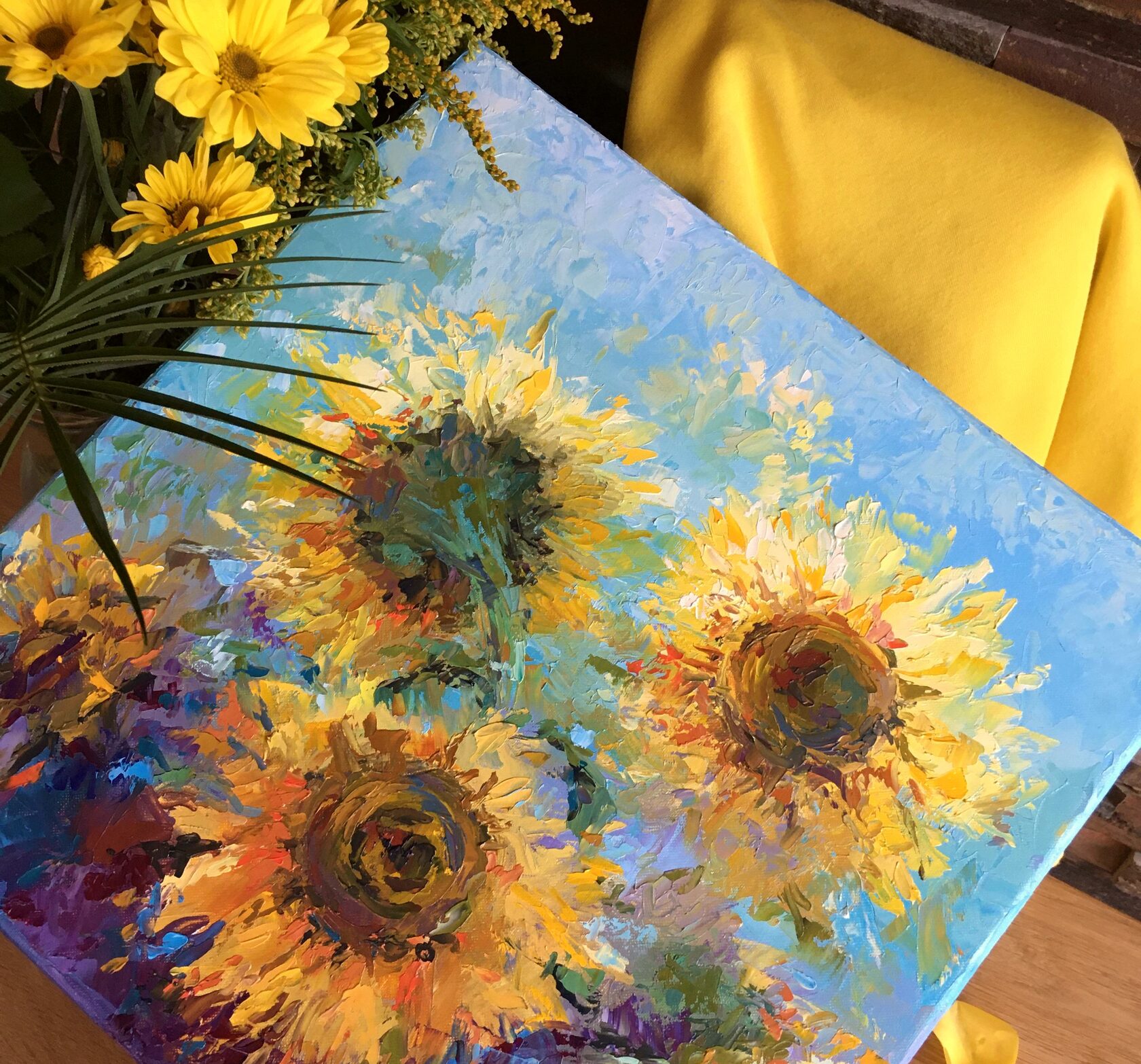 sunflowers oil painting, wildflowers abstract art, sunflower knife painting, artist OXYPOINT Oxana Kravtsova