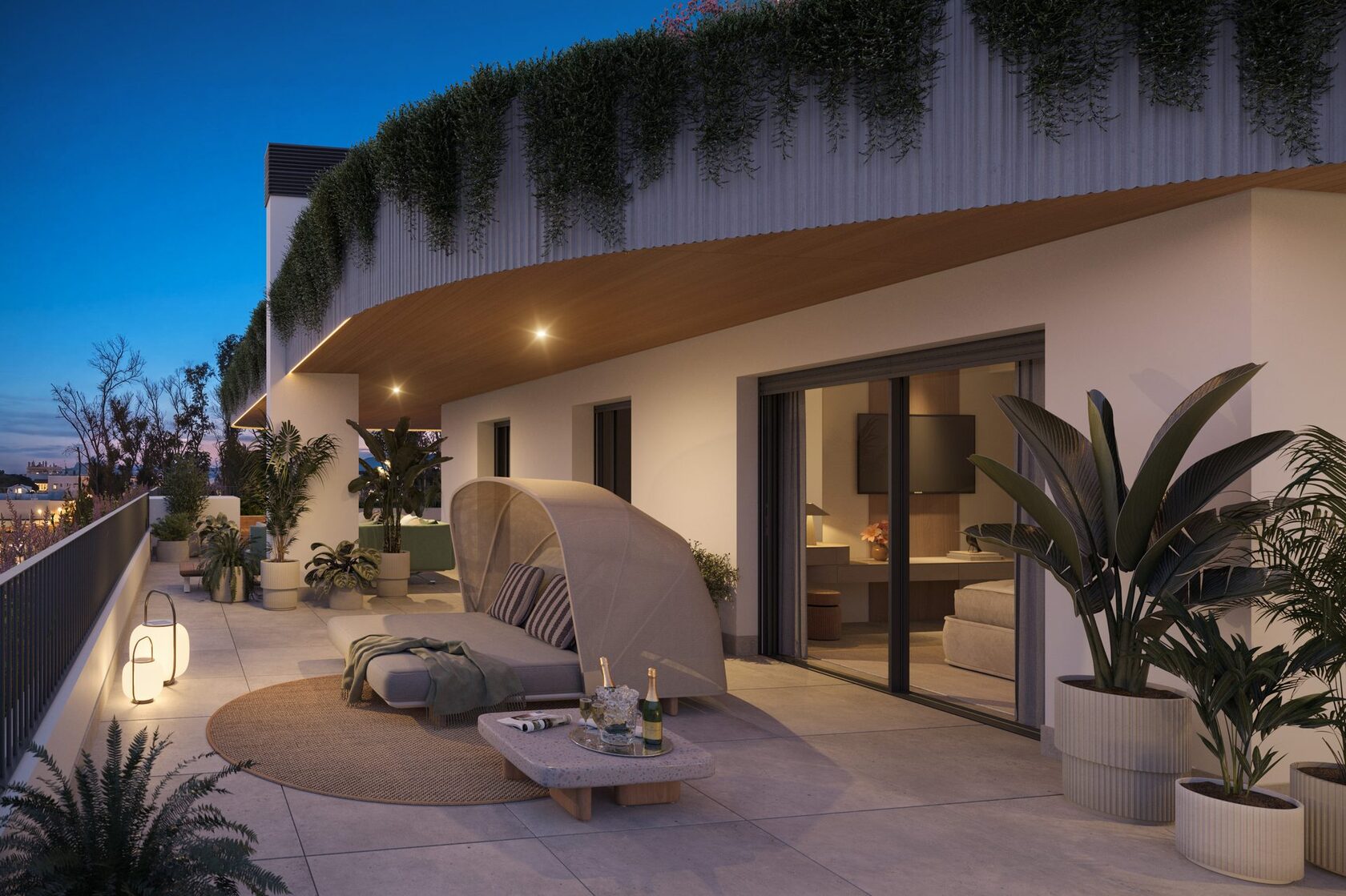 Terrace at dusk with canopy daybed