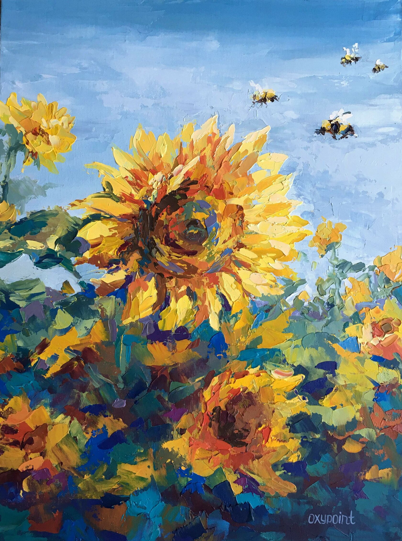 Sunflowers oil painting with palette knife, impressionism, for sale