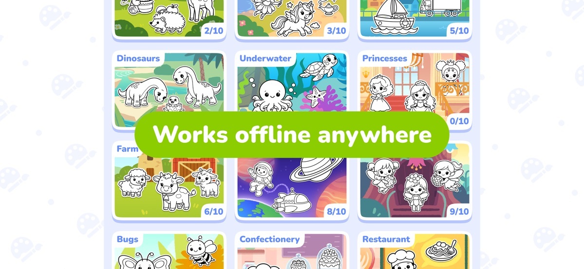 Bumi Lumi coloring worlds grid: dinosaurs, underwater, princesses, farm, bugs, confectionery, restaurant