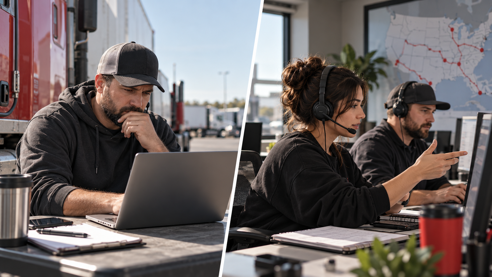 An owner-operator comparing two workflows: self-dispatching from a laptop versus working with a remote dispatch service