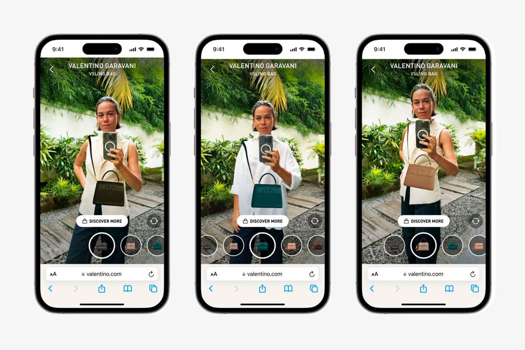 Three smartphones displaying a virtual try-on of Valentino Garavani handbags, each showing a woman posing with different colored bags in a tropical outdoor setting.