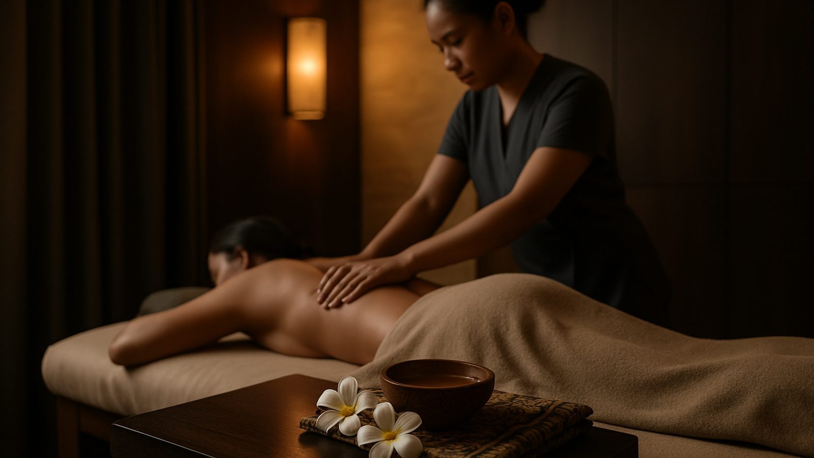 Frangipani flowers and a bowl of massage oil in a spa