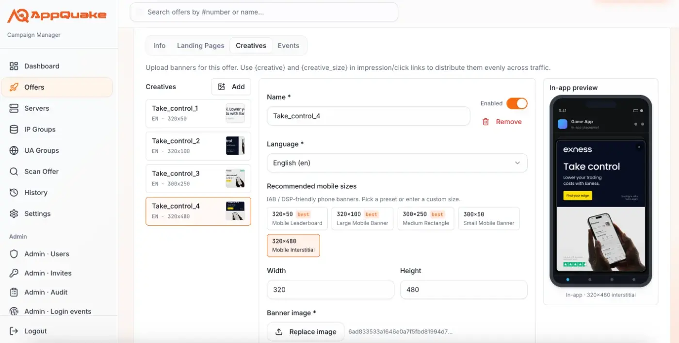 Creatives tab of an offer in the AppQuake campaign manager