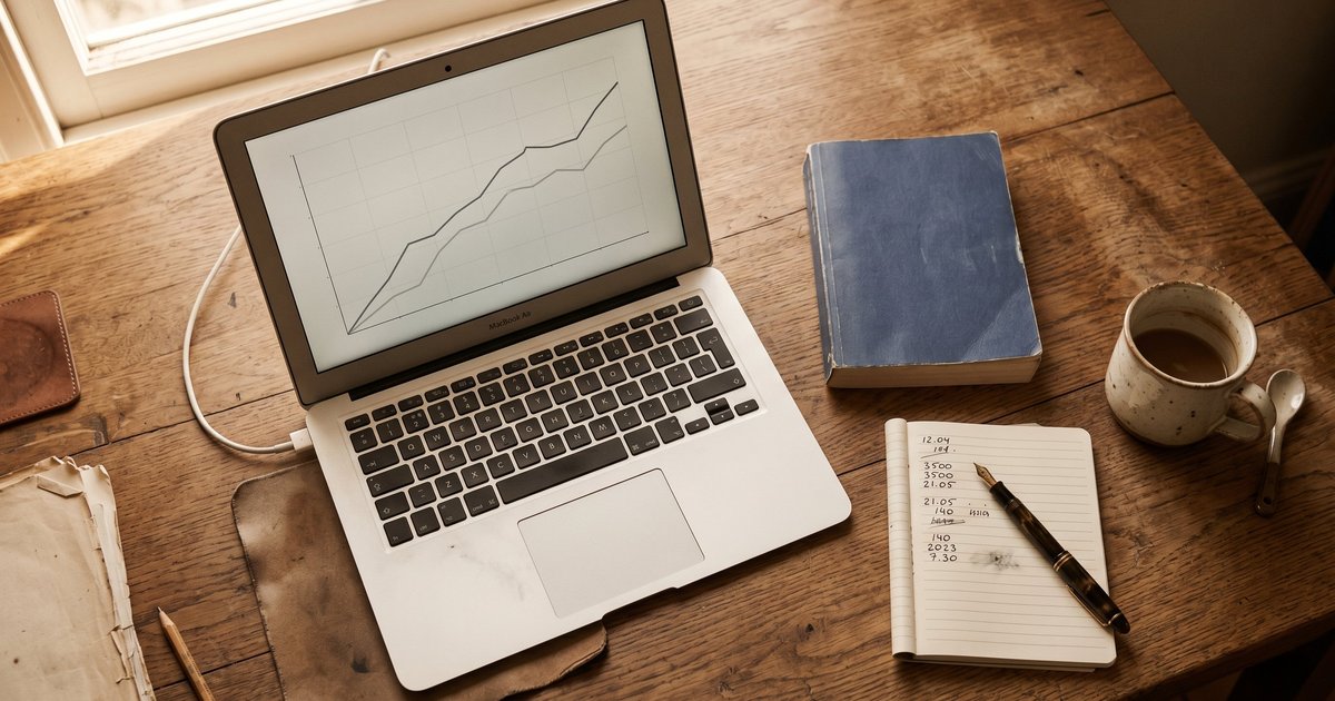 Schreibtisch eines Autors mit Laptop, Diagrammen, Notizbuch und Büchern als Symbol für die analytische Arbeit mit Amazon Ads