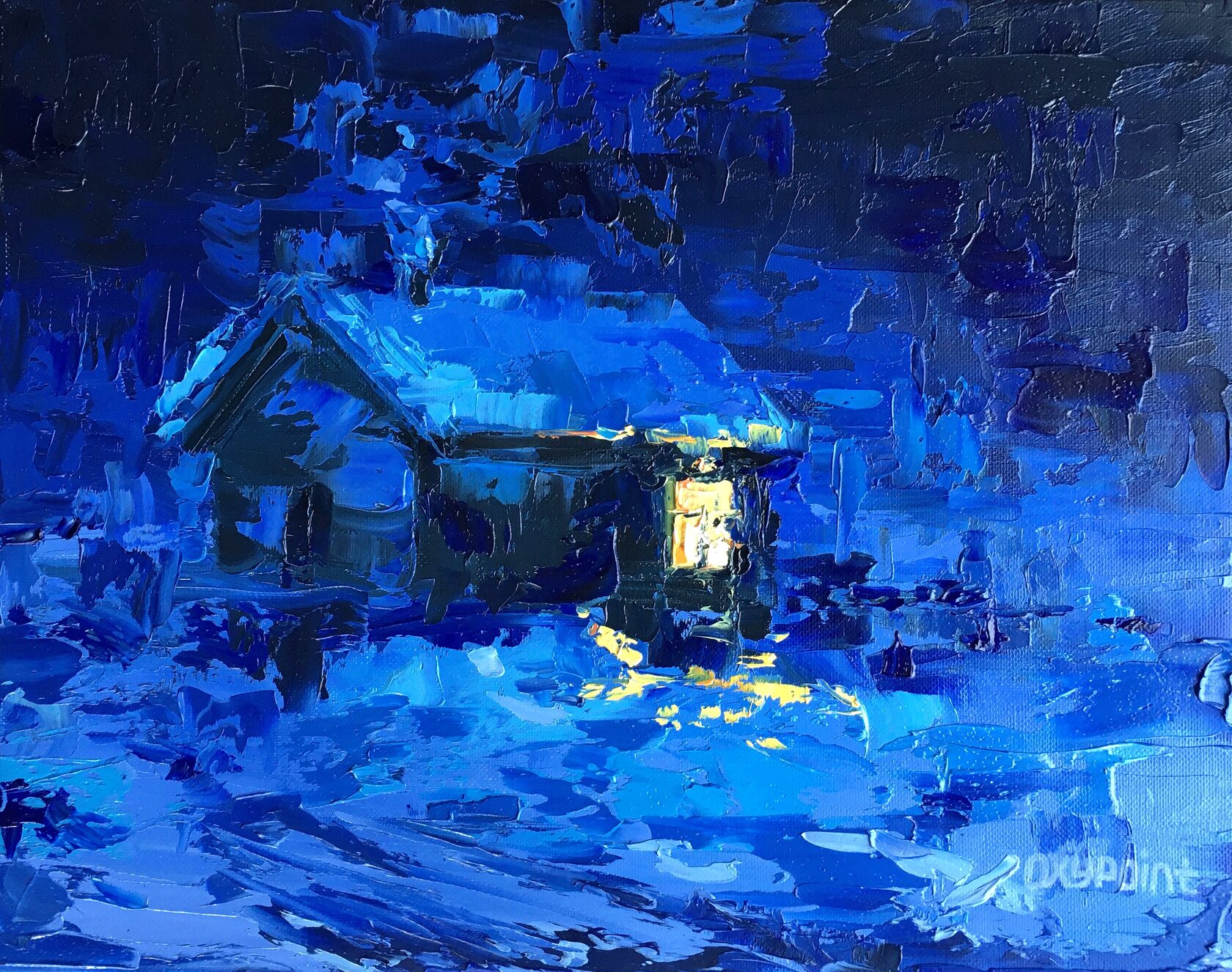 Winter evening, window light, night, snow oil painting