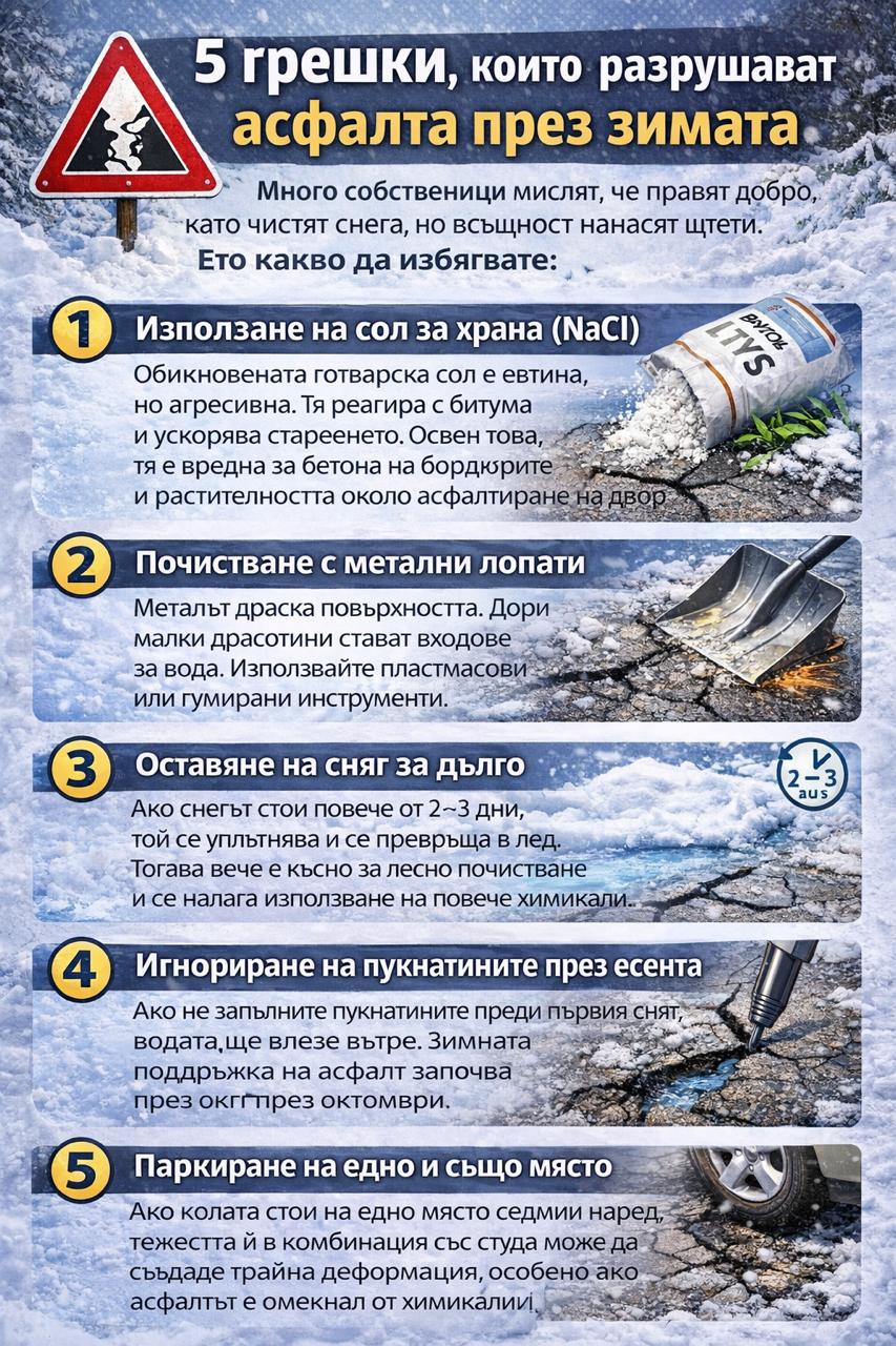 5 грешки, които разрушават асфалта през зимата – сол, лед, сняг и пукнатини върху асфалтова настилка