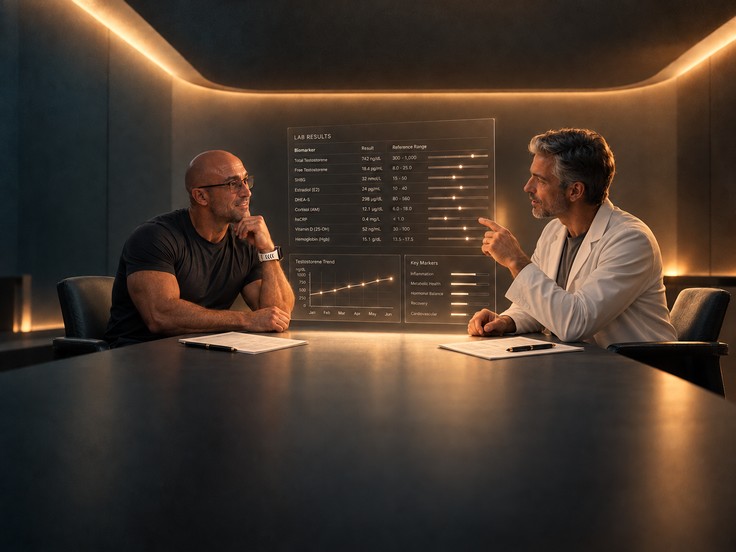 Kenan and a clinician reviewing a lab report