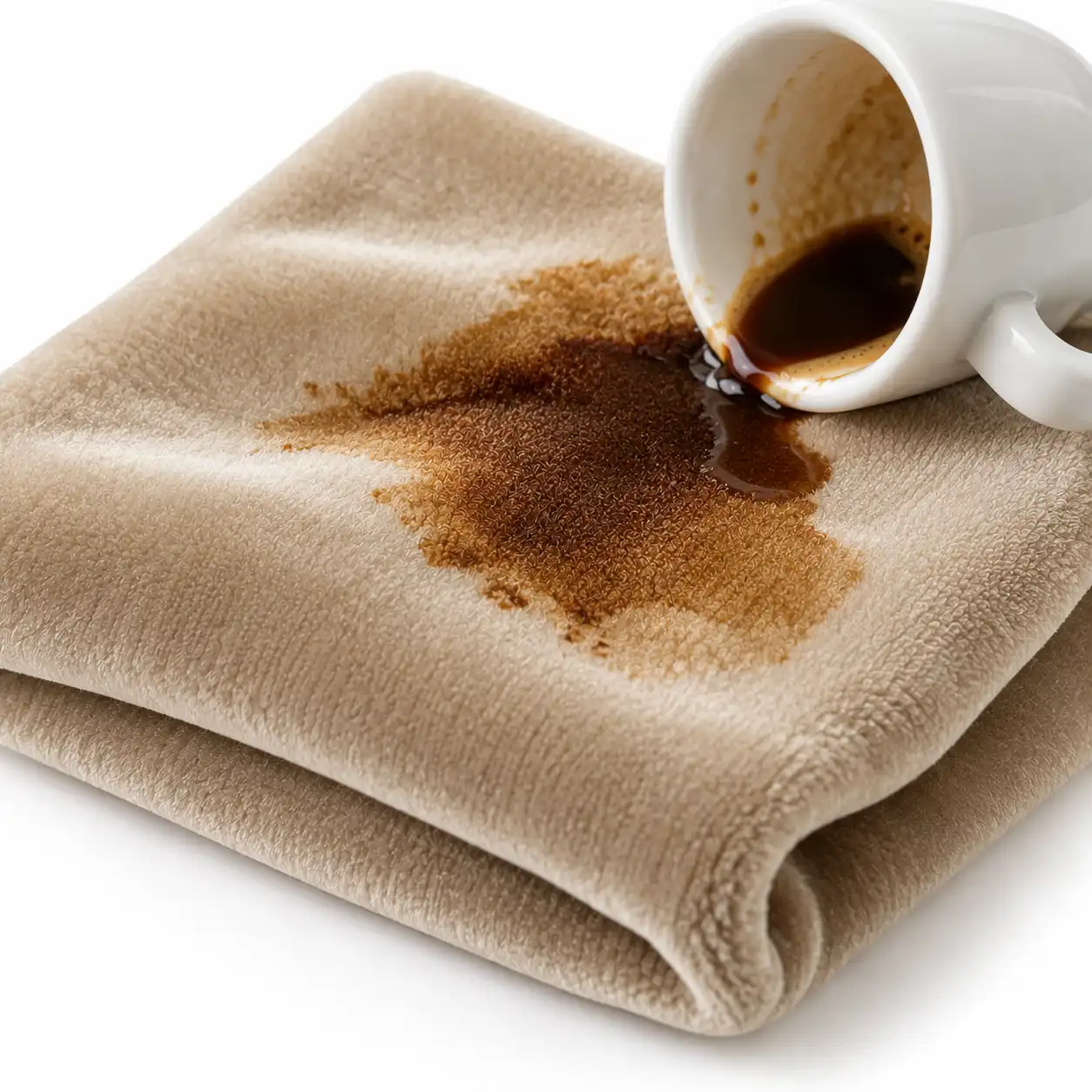 Nahaufnahme von hellem Samtstoff mit umgekippter Espressotasse und braunem Kaffeefleck auf wei&szlig;em Hintergrund. Shikardos Reinigung l&ouml;st solche Flecken in Frankfurt tupfend und saugt den Farbstoff aus dem Flor, ohne zu reiben.