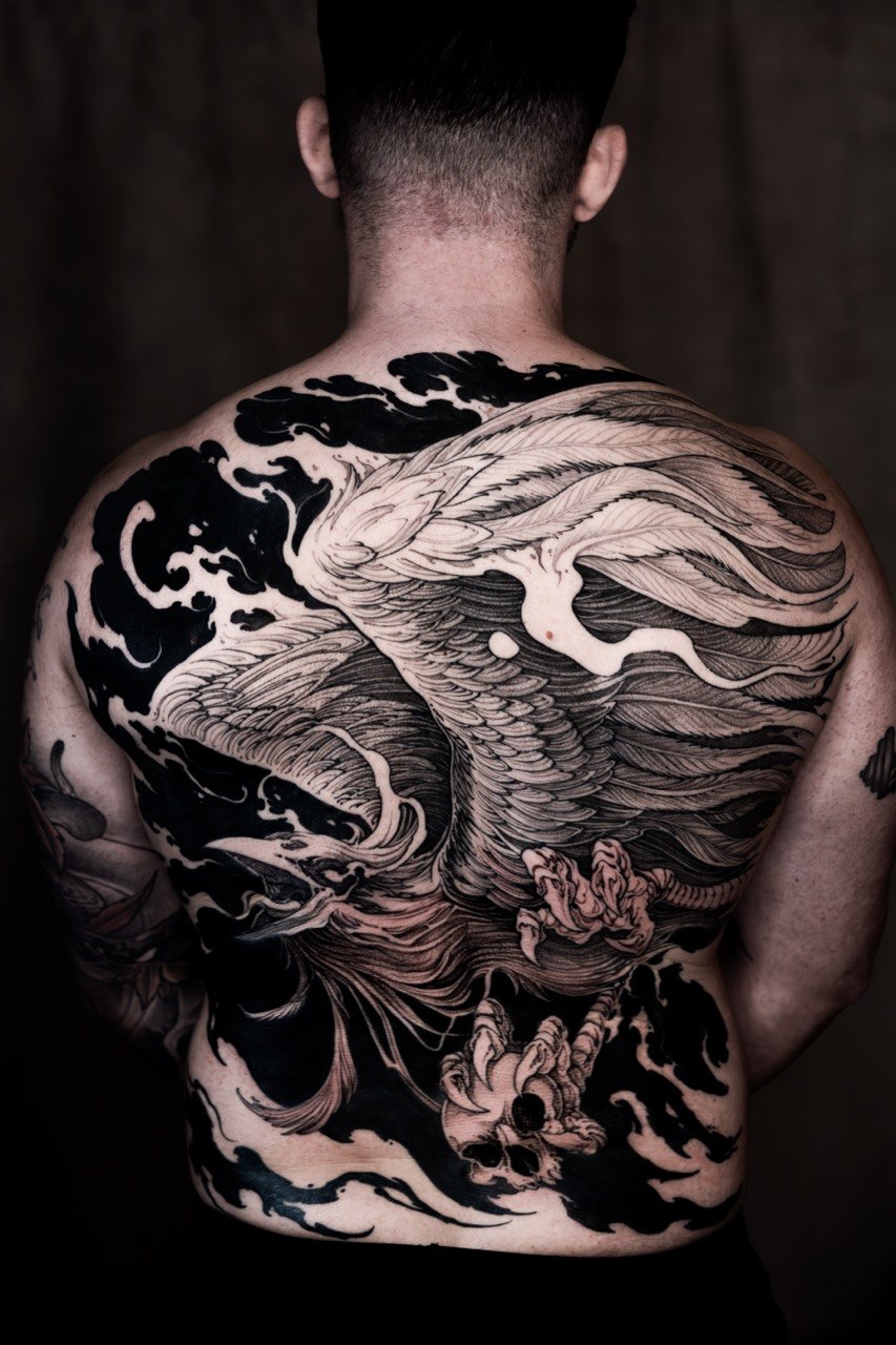 Blackwork bird backpiece — Alice