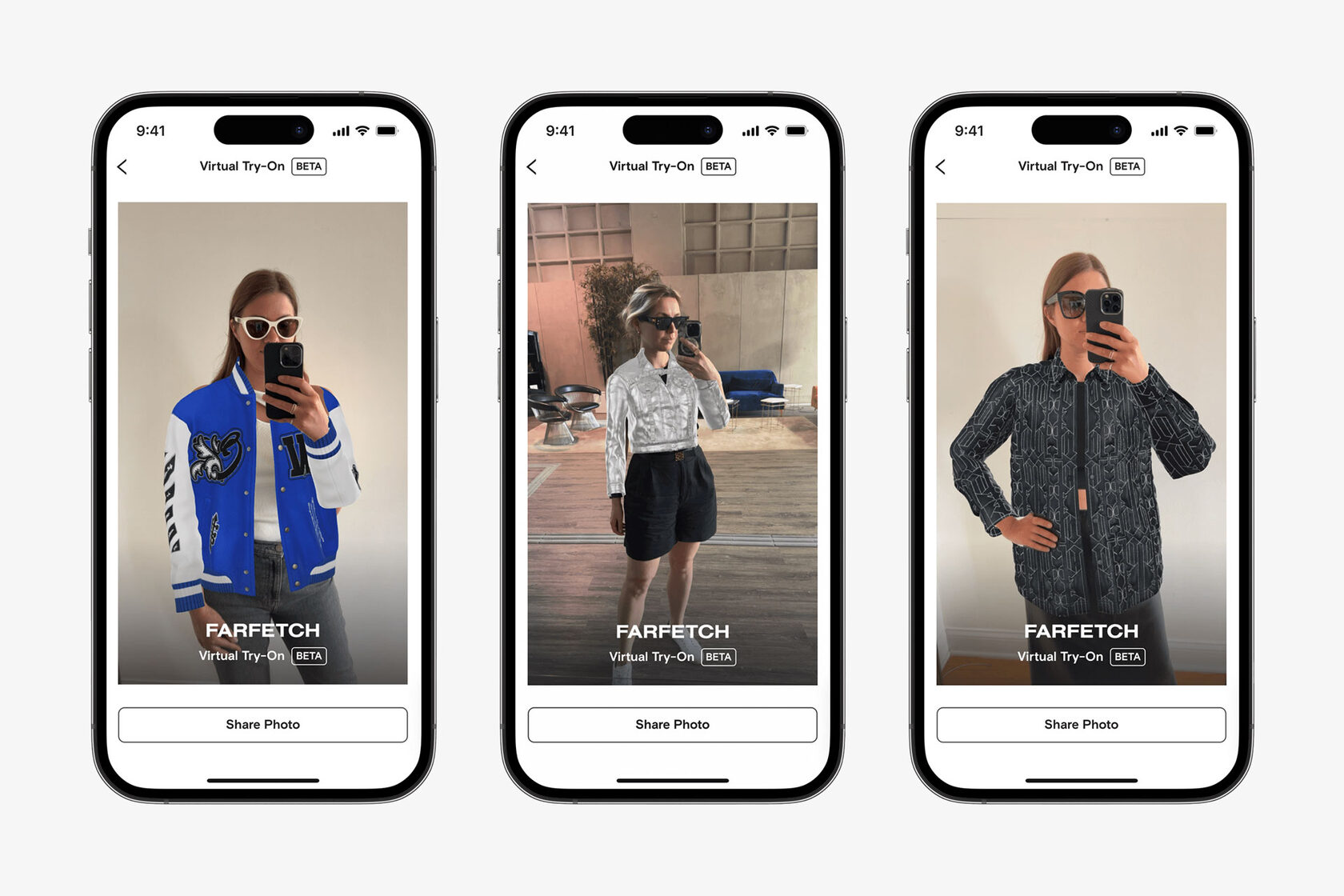 Three smartphones displaying virtual try-on technology for clothing from WANNA, showing different outfits on a person taking a mirror selfie.