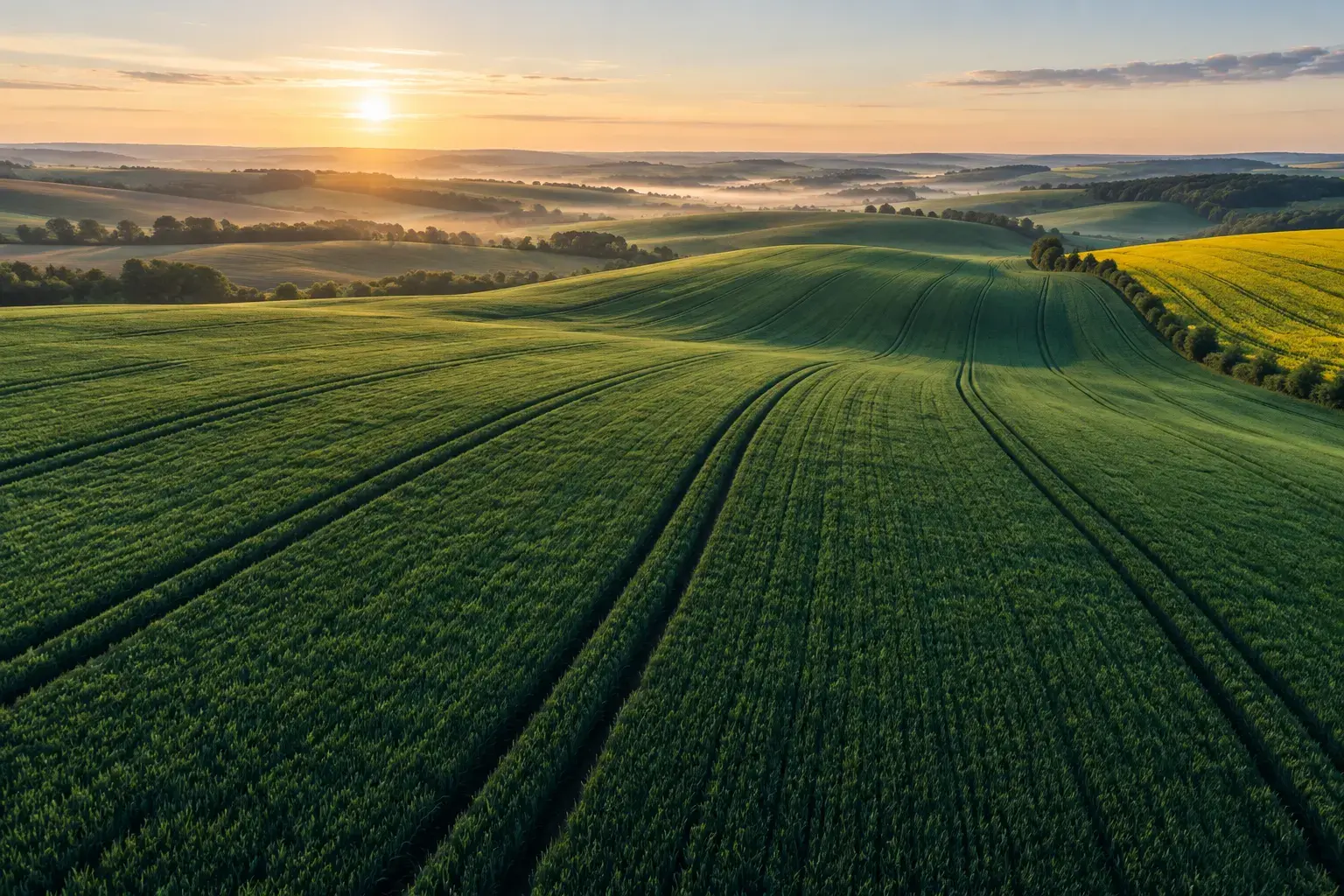 Peisaj agricol cu lanuri verzi și rapiță, ilustrație generată cu AI